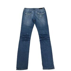 P&P Jeans 13/14 Junior's Blue Bedazzled Bling Rhinestone Pocket Straight Leg Y2K